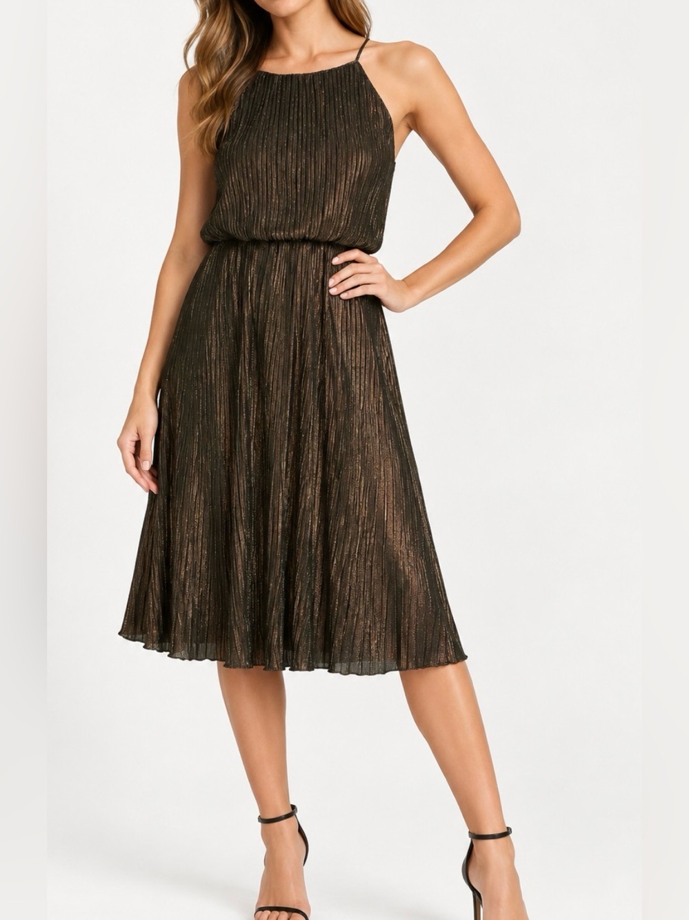 NWT Julia Jordan Copper Metallic Pleated Midi Dress Size 8 Holiday Cocktail